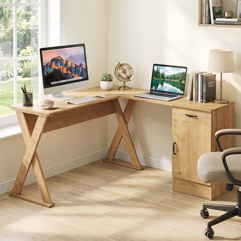 L-shaped oak computer desk features a reversible drawer and cabinet, perfect for small spaces and efficient work areas.