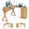 L-shaped oak computer desk with reversible drawer and cabinet, designed for efficient corner workspace in small areas.