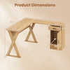 L-shaped computer desk in oak with dimensions, featuring a reversible drawer and cabinet for efficient workspace organization.