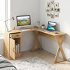 L-shaped oak computer desk features a reversible drawer and cabinet, ideal for small spaces and efficient work areas.