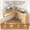 L-shaped computer desk in oak features a large tabletop, reversible drawer, and cabinet for efficient workspace organization.