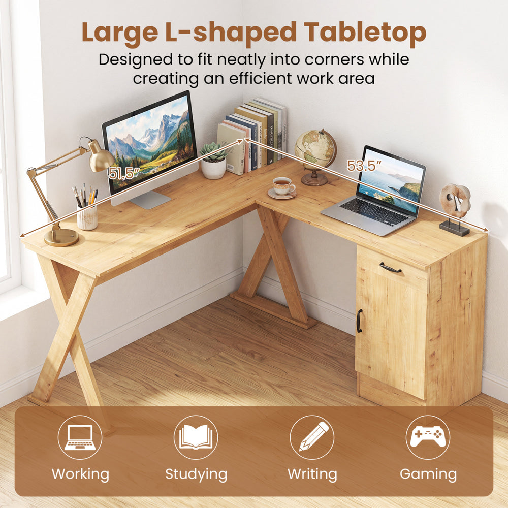 L-shaped computer desk in oak features a large tabletop, reversible drawer, and cabinet for efficient workspace organization.