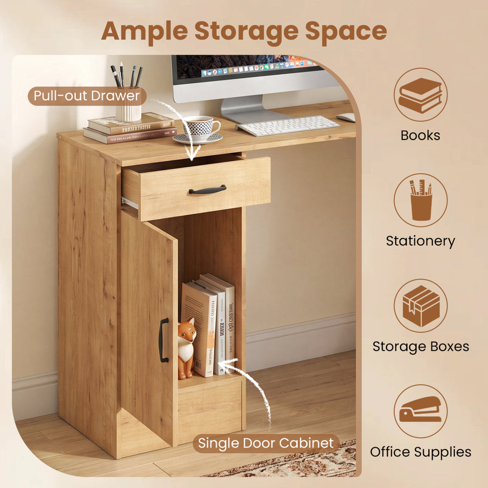 L-shaped computer desk in oak with a pull-out drawer and single door cabinet, ideal for small spaces and efficient storage.