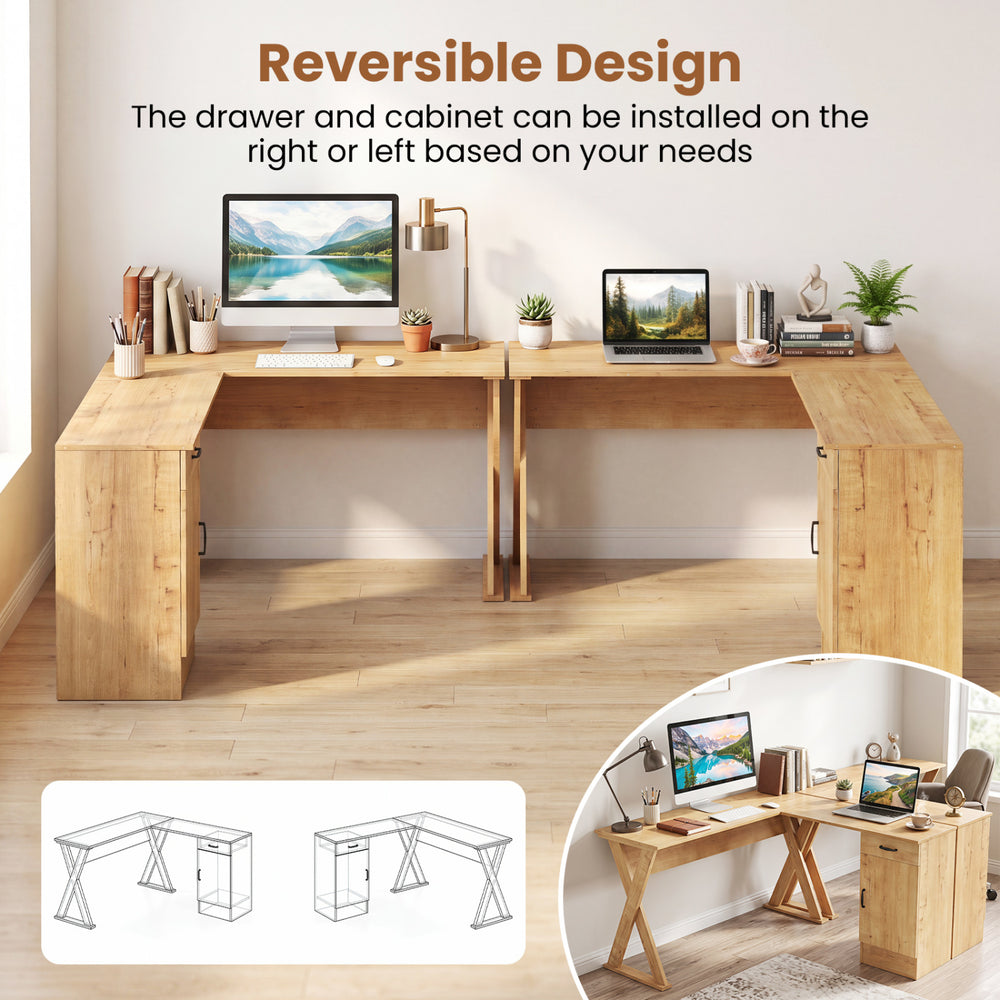 L-shaped computer desk in oak with reversible drawer and cabinet, ideal for small spaces and efficient work areas.