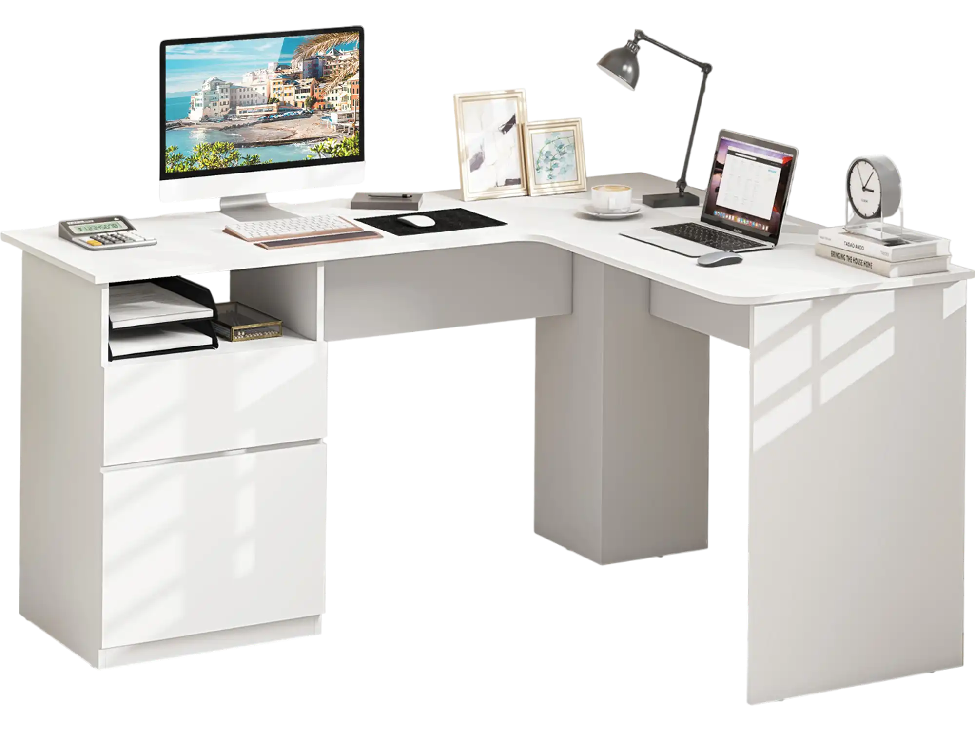 Costway L-Shaped Computer Desk with Letter File Drawer White 29386475 New