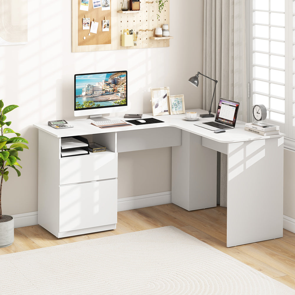 L-Shaped Computer Desk with Letter File Drawer-White - Gallery View 1 of 10