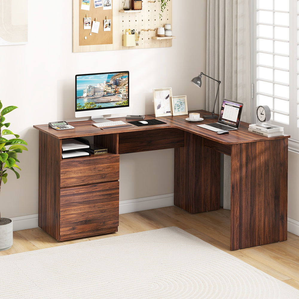 L-Shaped Computer Desk with Letter File Drawer-Walnut - Gallery View 1 of 10