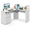 L-shaped computer desk in white with spacious desktop, file drawer, and cable management for efficient workspace.