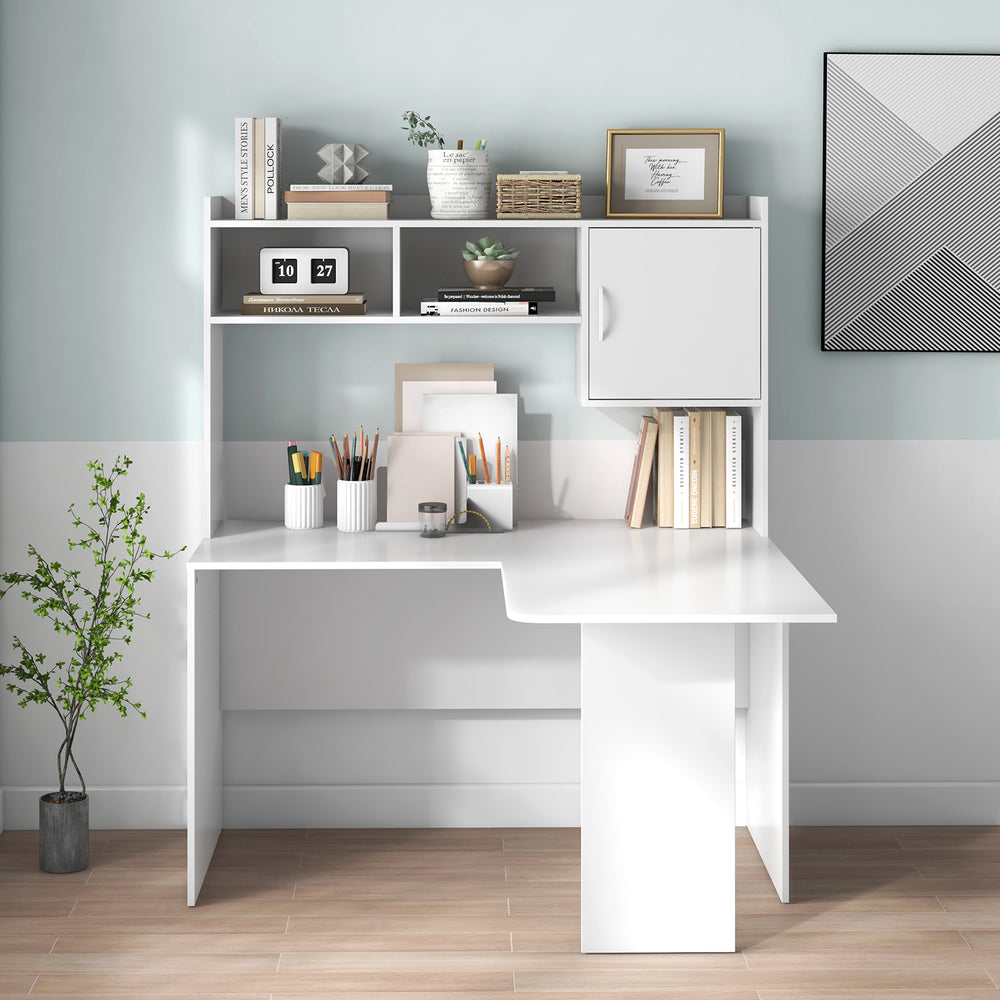 L-shaped white computer desk with open storage hutch and cabinet, ideal for home office or study space organization.