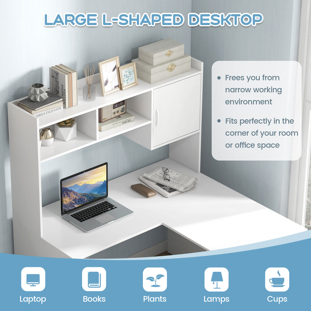 L-shaped white computer desk with open storage hutch and cabinet, ideal for home office organization and workspace.