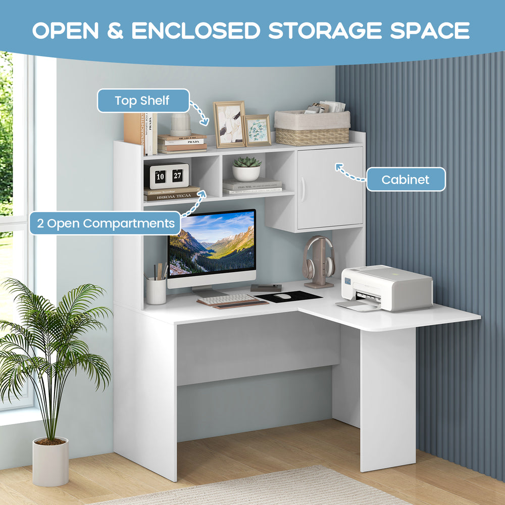 L-shaped white computer desk with open storage hutch, cabinet, and two compartments for organized workspace.