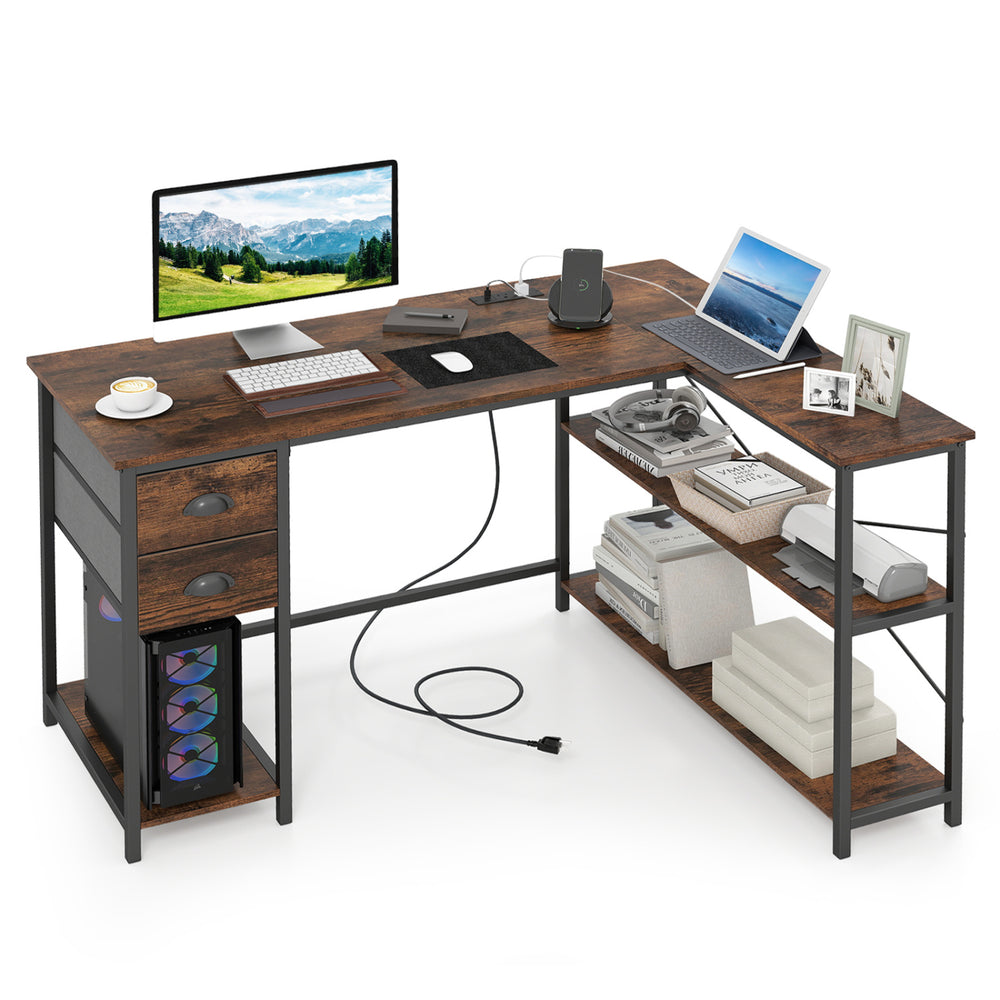 L-shaped desk in rustic brown with charging station, open shelves, and two fabric drawers for versatile workspace use.