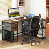 L-shaped desk in rustic brown with charging station, two fabric drawers, and open shelves for versatile workspace.