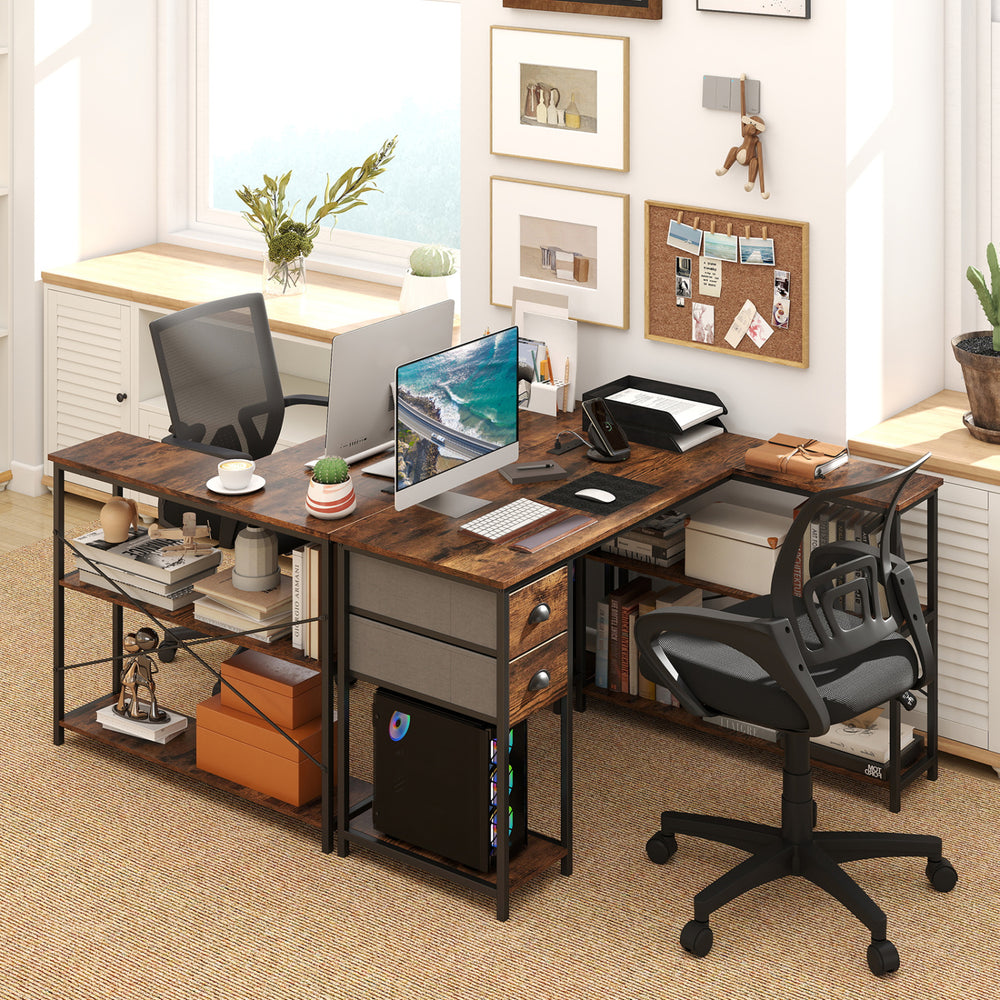 L-shaped desk with rustic brown finish, featuring open shelves and two fabric drawers for organized workspace.