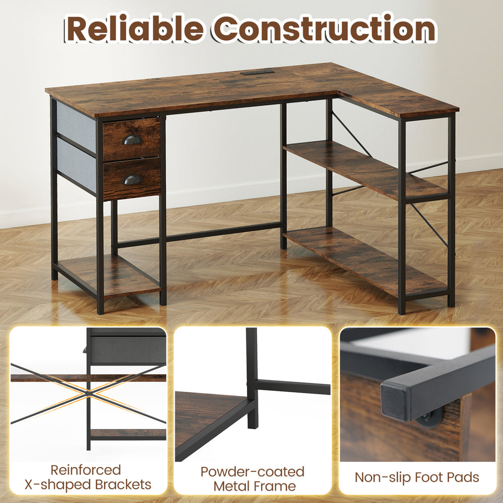 L-shaped desk in rustic brown with charging station, fabric drawers, and open shelves for versatile workspace solutions.