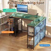 L-shaped desk in rustic brown with spacious desktop, charging station, and open shelves for versatile workspace.