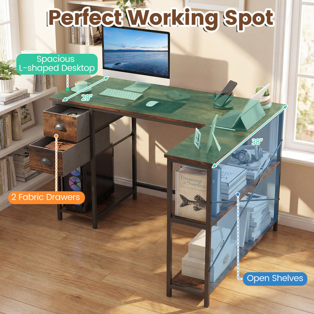 L-shaped desk in rustic brown with spacious desktop, charging station, and open shelves for versatile workspace.