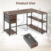 L-shaped desk with charging station, rustic brown finish, featuring 2 fabric drawers and open shelves for ample.
