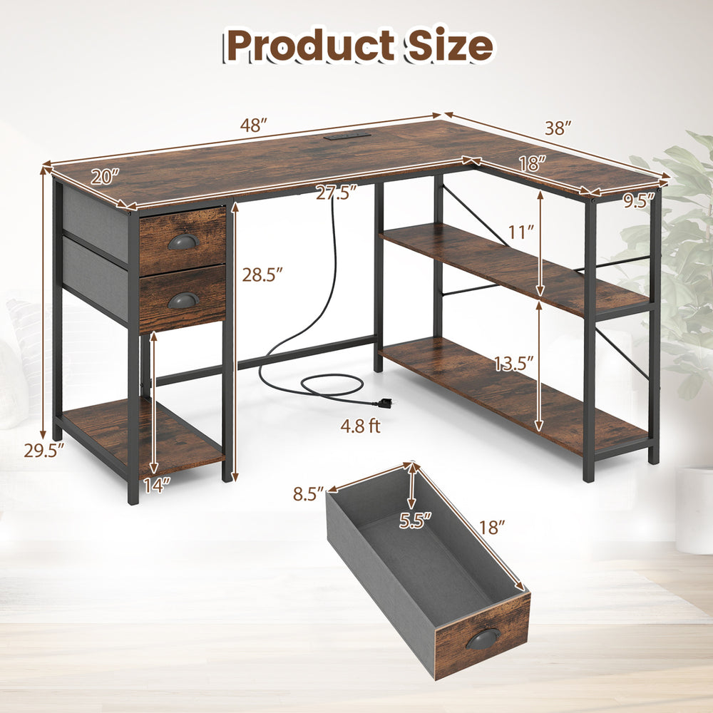 L-shaped desk with charging station, rustic brown finish, featuring 2 fabric drawers and open shelves for ample.