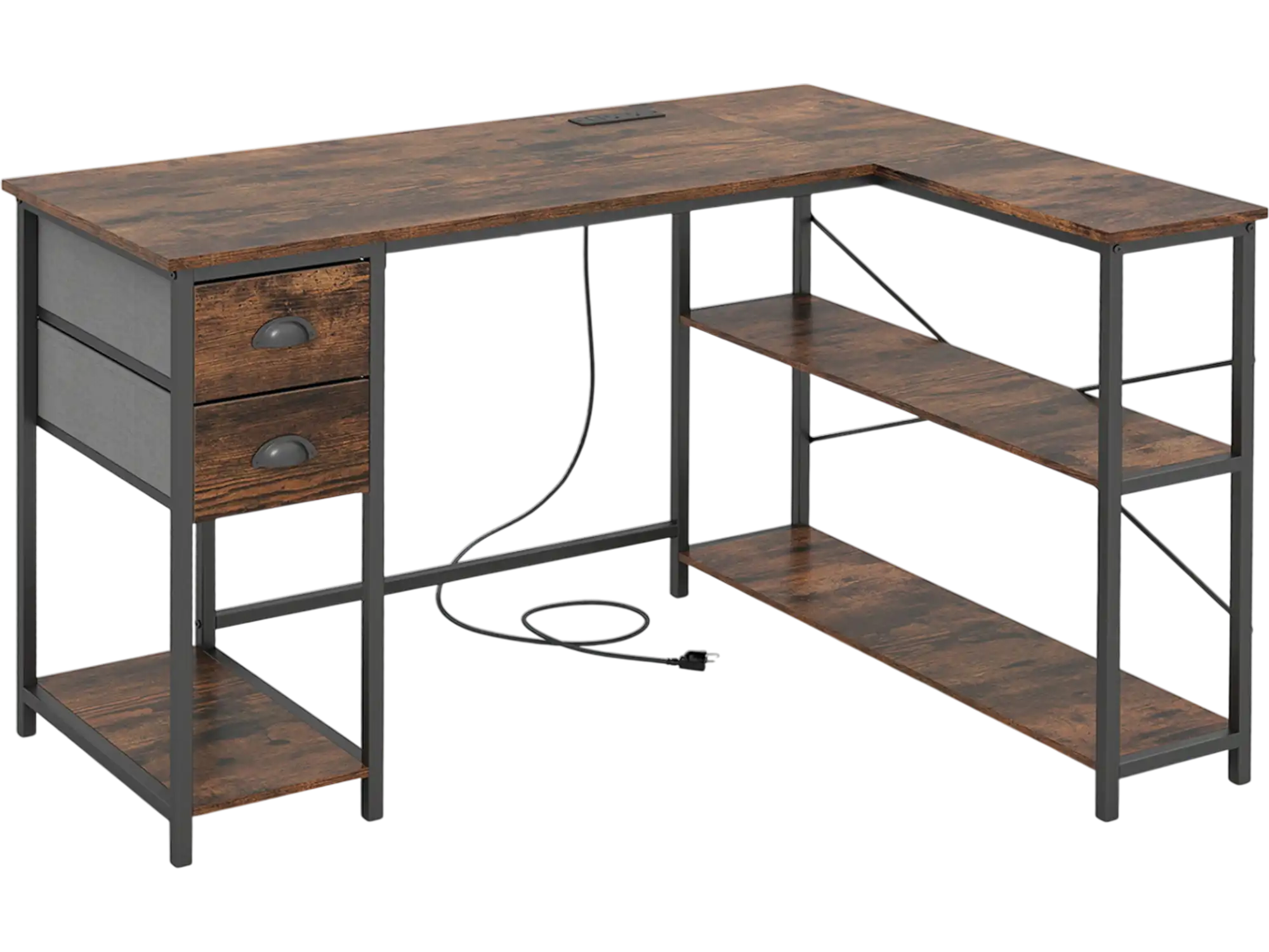 Costway L-Shaped Corner Computer Desk w/ Charging Station & 2 Fabric Drawers 90442106 New