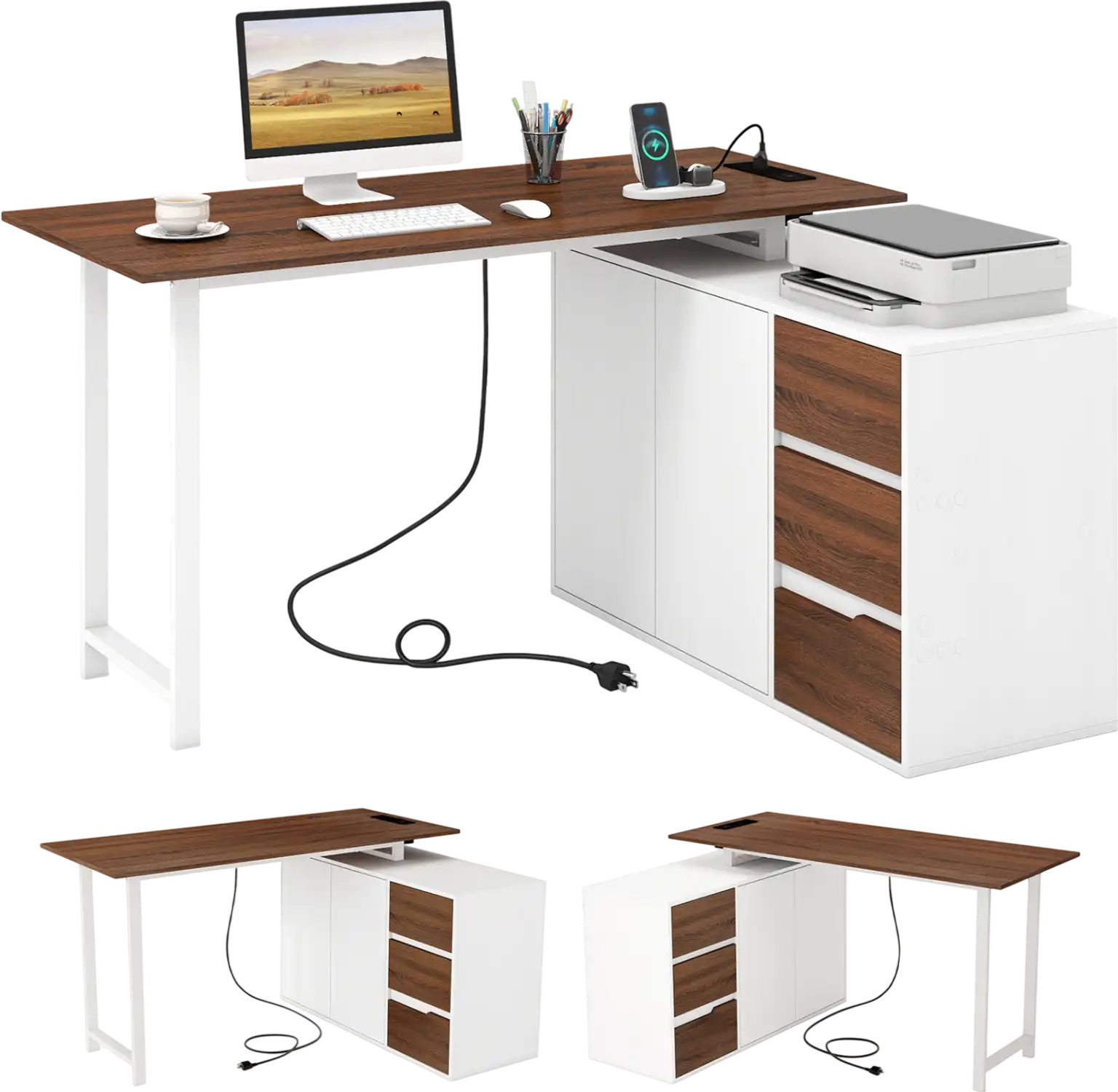 Costway Reversible L-Shaped Corner Computer Desk with File Cabinet & Power Outlet 55256072 New