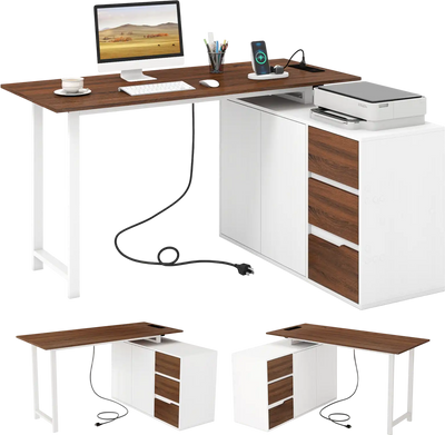 Costway Reversible L-Shaped Corner Computer Desk with File Cabinet & Power Outlet 55256072 New