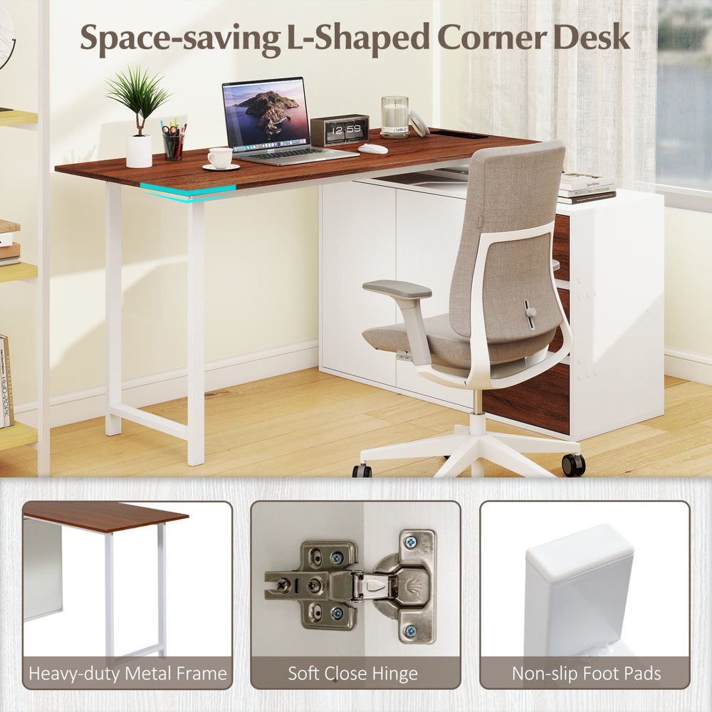 L-shaped corner desk with file cabinet, reversible design, power outlet, and heavy-duty metal frame for versatile.