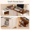 L-shaped desk with a white finish, featuring a spacious tabletop, 2-tier storage cabinet, and 3 pull-out drawers for.