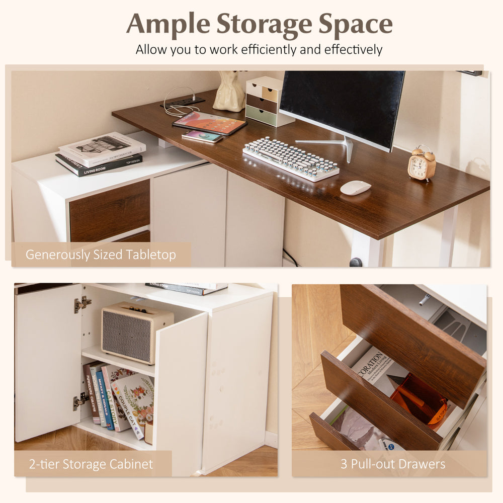 L-shaped desk with a white finish, featuring a spacious tabletop, 2-tier storage cabinet, and 3 pull-out drawers for.