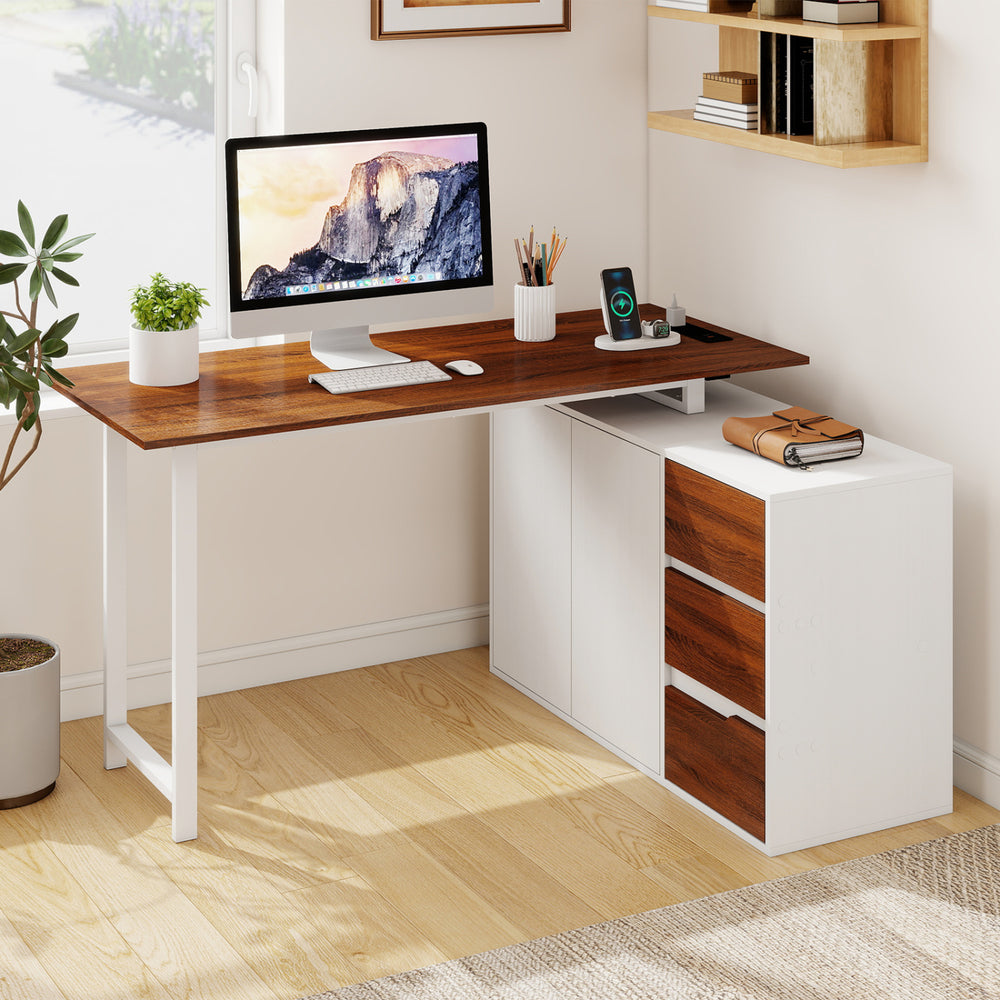 L-shaped desk with file cabinet, featuring a reversible design, power outlet, and a durable metal frame for home office.