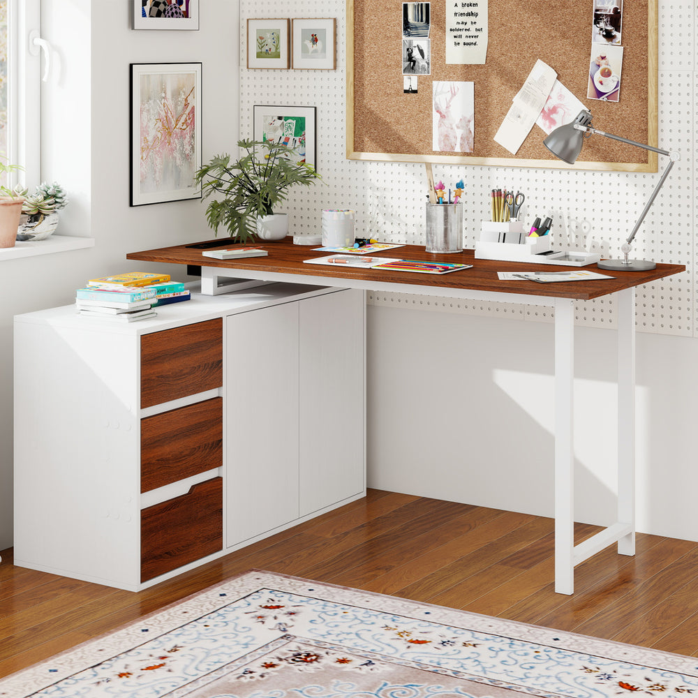 L-Shaped Desk with File Cabinet and Power Outlet Reversible Corner Computer Desk-White - Gallery View 1 of 10