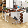 L-shaped desk with file cabinet and power outlet, featuring a reversible design and spacious desktop for organized.