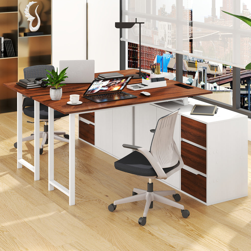 L-shaped desk with file cabinet and power outlet, featuring a reversible design and spacious desktop for organized.