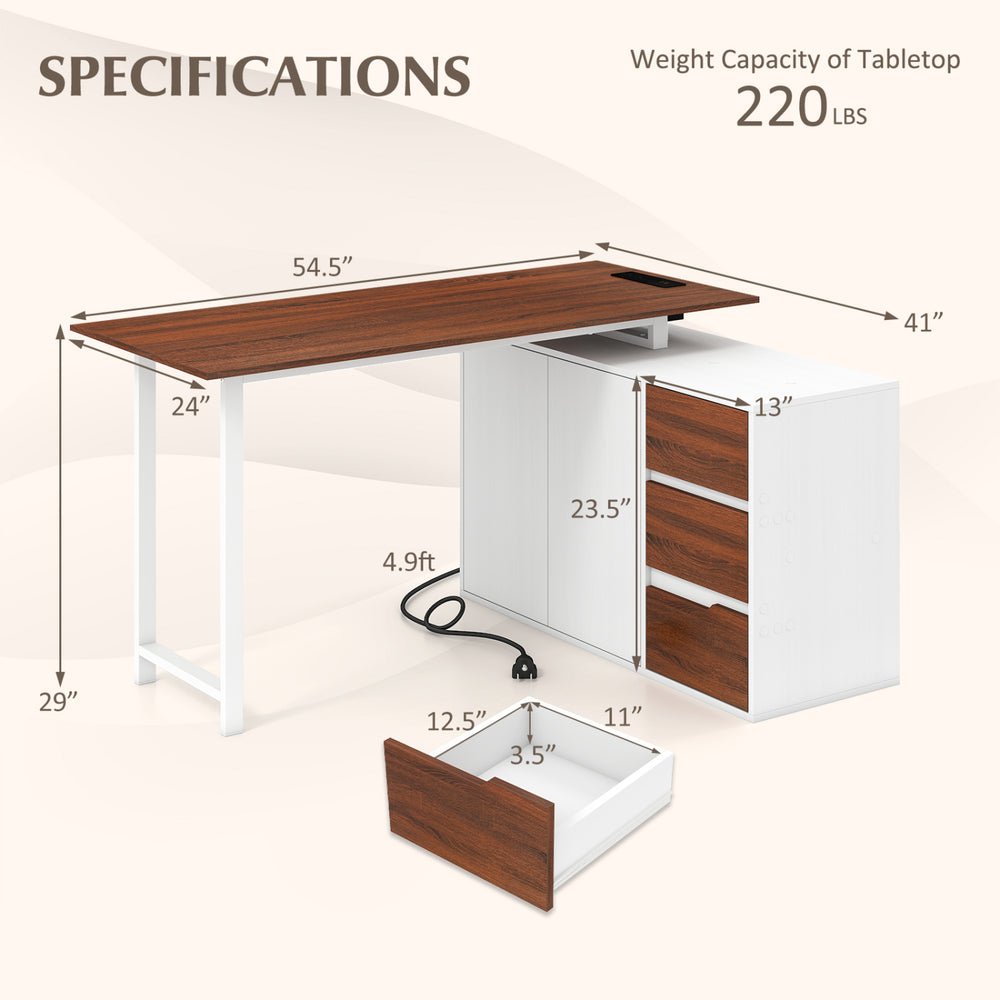 L-shaped desk with file cabinet, featuring a reversible design, power outlet, and spacious 54.5" desktop for efficient.