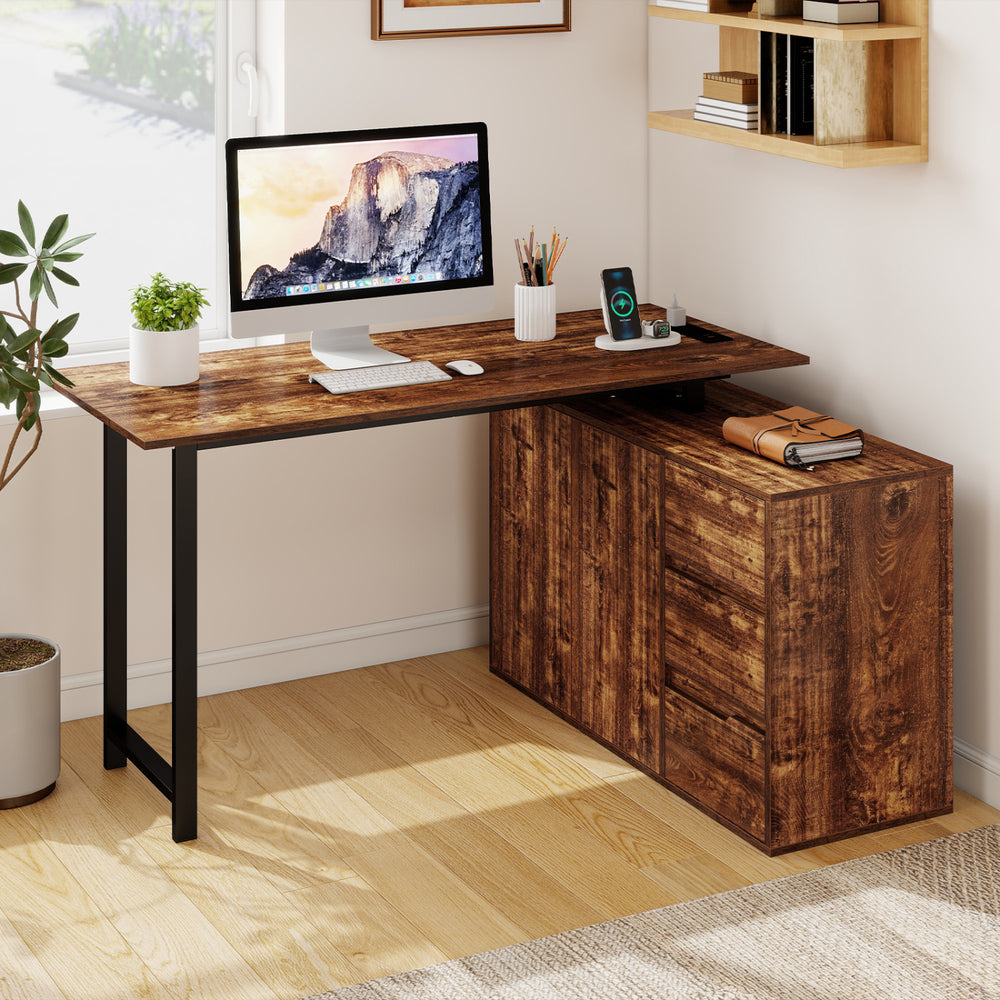 L-Shaped Desk with File Cabinet and Power Outlet Reversible Corner Computer Desk-Rustic Brown - Gallery View 1 of 10
