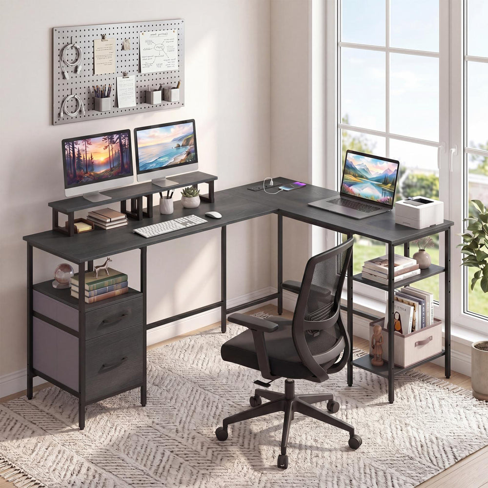 L Shaped Desk with Power Outlet Reversible Computer Desk with Monitor Stands-Black - Gallery View 1 of 11