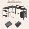 L-shaped desk with power outlet, black finish, adjustable shelves, and ergonomic monitor stands for versatile office.