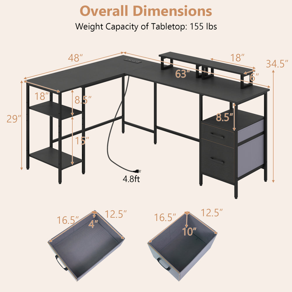 L-shaped desk with power outlet, black finish, adjustable shelves, and ergonomic monitor stands for versatile office.