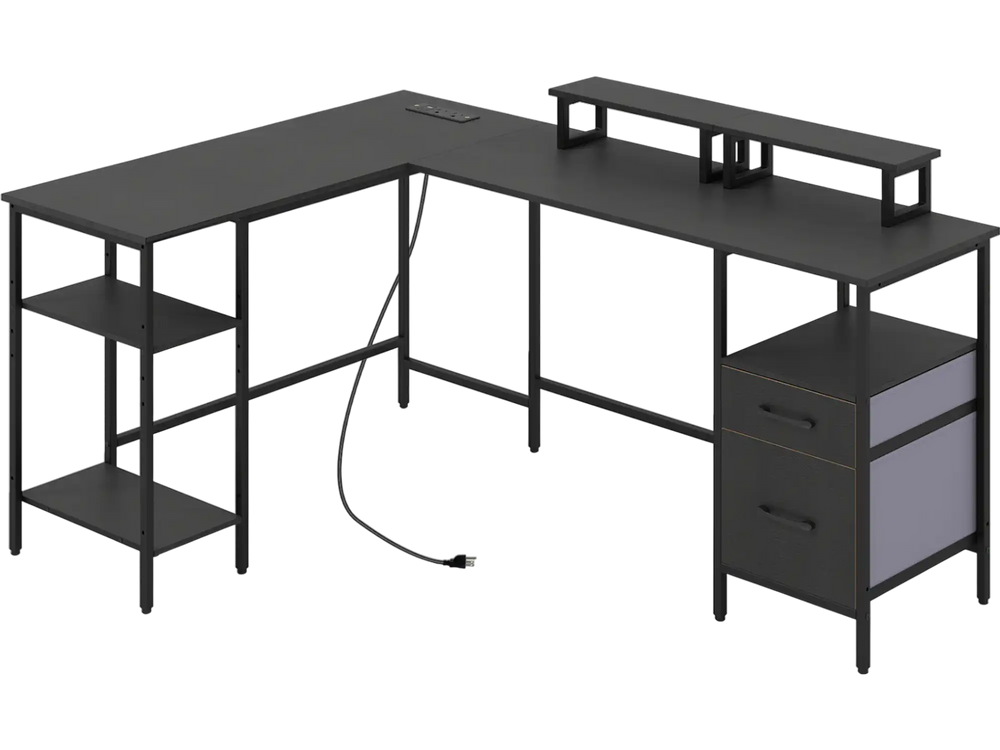L-shaped black desk with power outlet, adjustable shelves, and reversible monitor stands for versatile office use.