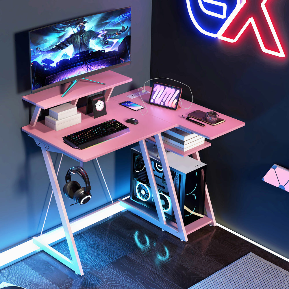 L Shaped Gaming Desk with Outlets and USB Ports-Pink - Gallery View 1 of 10