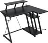 L-shaped gaming desk in black with USB ports, headphone hook, and carbon fiber texture for space-saving and convenience.