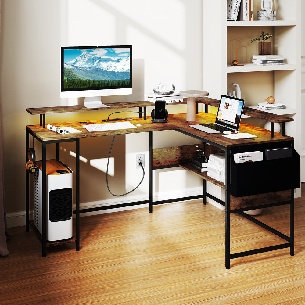 L-Shaped Gaming Desk with LED Lights and Power Outlets Home Office Computer Desk-Rustic Brown - Gallery View 1 of 10