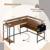 Dimensions chart of L-shaped gaming desk in rustic brown, showcasing weight capacity and measurements for optimal setup.