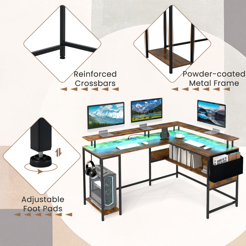 L-shaped gaming desk in rustic brown with LED lights, adjustable foot pads, and reinforced metal frame for home office.