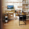 L-shaped gaming desk in rustic brown with LED lights, under-desk storage shelf, and headphone hook for organized.