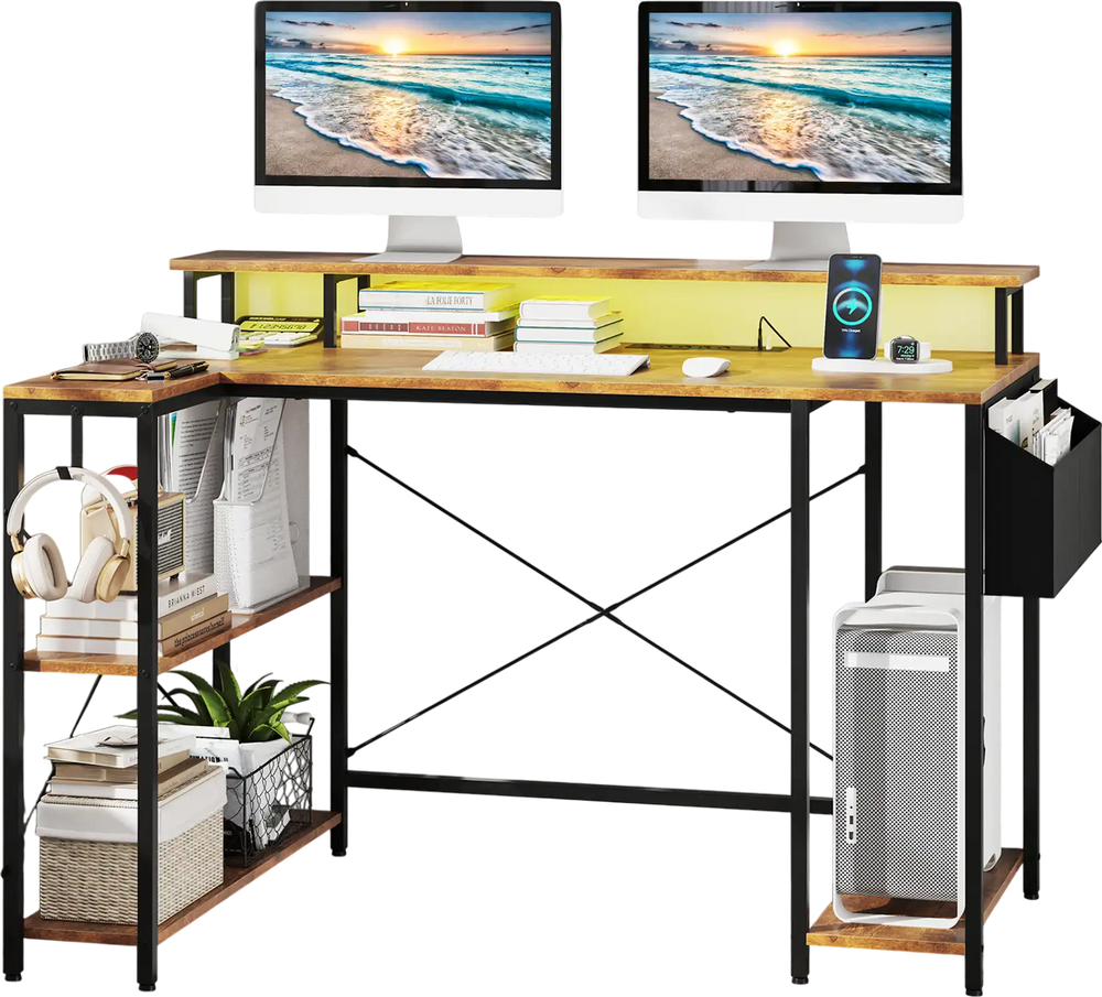L-shaped gaming desk in rustic brown with LED lights, adjustable monitor stand, and ample storage for accessories.