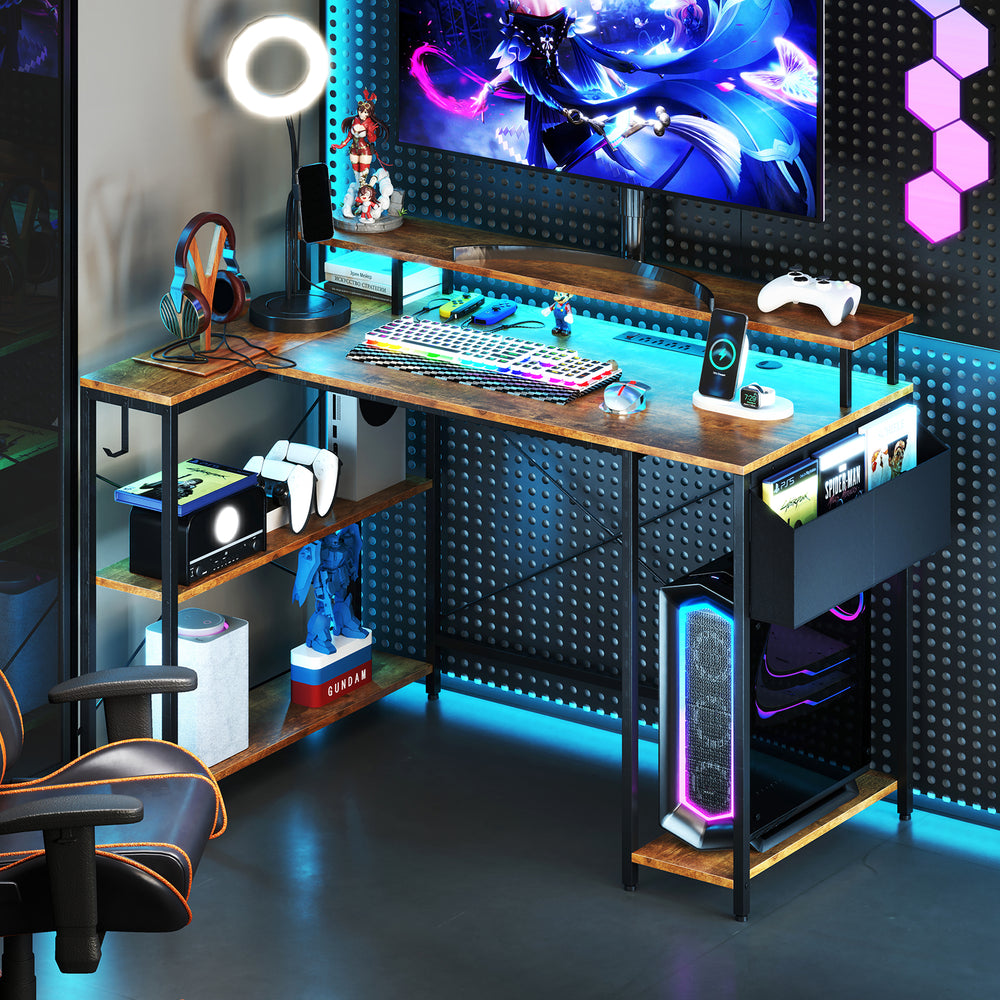 L-shaped gaming desk in rustic brown with LED lights, power outlets, and ample storage for an organized gaming setup.