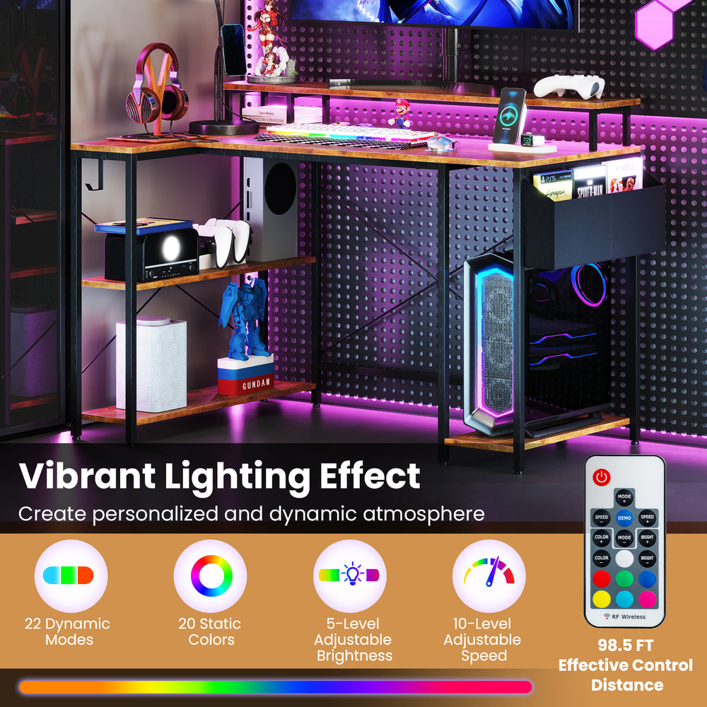L-shaped gaming desk in rustic brown with RGB LED lights, adjustable brightness, and ample storage for gaming setup.
