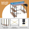 L-shaped gaming desk in rustic brown with LED lights, adjustable foot pads, and reinforced metal frame for stability.