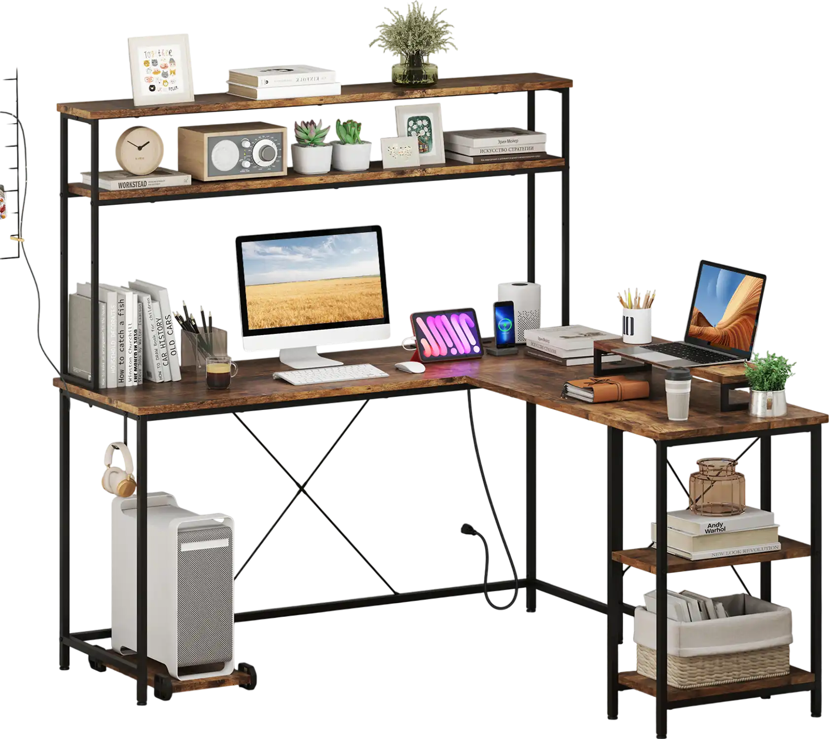 Costway L-Shaped Reversible Gaming Desk LED Power Outlets Hutch Monitor Stand Rustic Brown 812349675 New